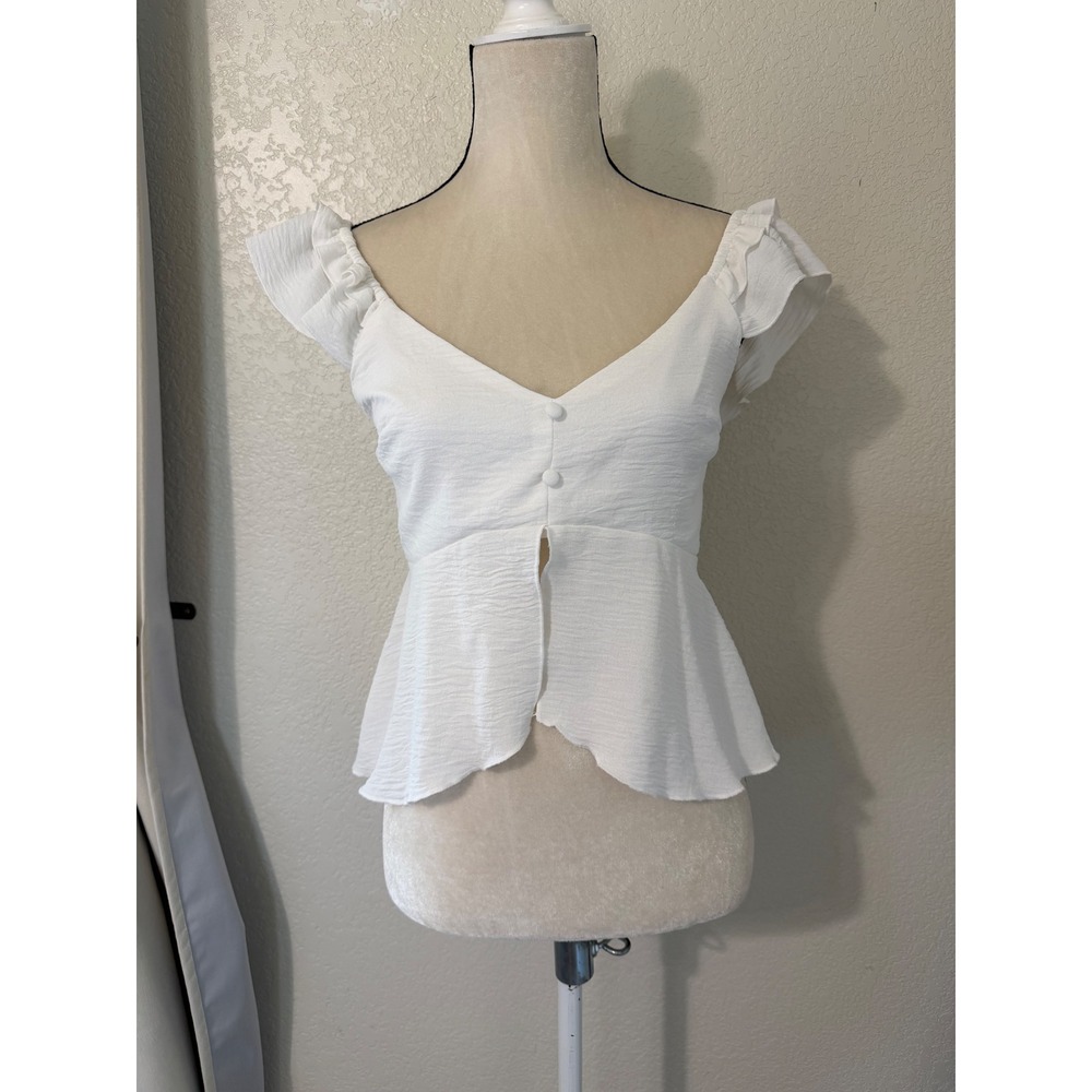Timing‎ White Flutter Sleeve Peplum Top V-Neck Smocked Back Blouse